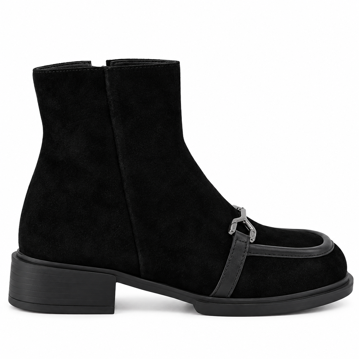 Black Suede Ankle Boot with Gunmetal Buckle Дамски боти от естествен велур в черен цвят | orso-store.com